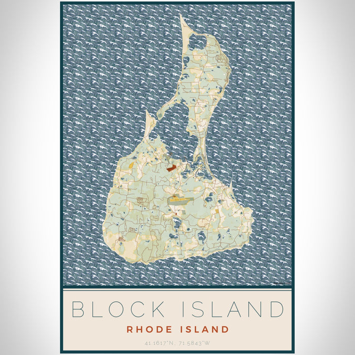 Block Island Rhode Island Map Print Portrait Orientation in Woodblock Style With Shaded Background