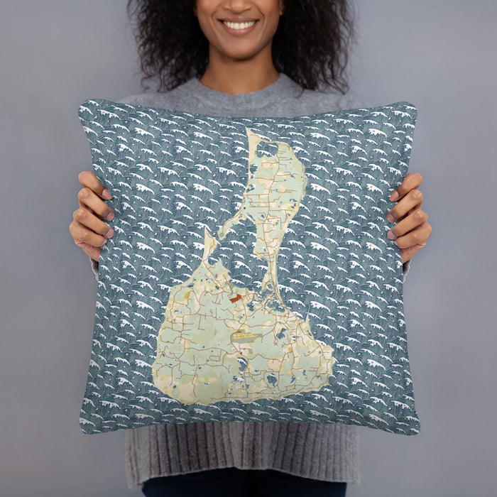 Person holding 18x18 Custom Block Island Rhode Island Map Throw Pillow in Woodblock