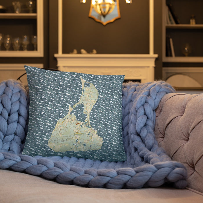 Custom Block Island Rhode Island Map Throw Pillow in Woodblock on Cream Colored Couch