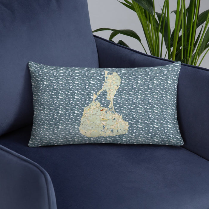 Custom Block Island Rhode Island Map Throw Pillow in Woodblock on Blue Colored Chair