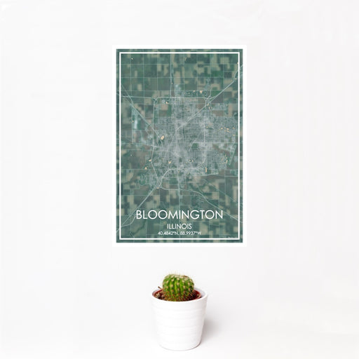 12x18 Bloomington Illinois Map Print Portrait Orientation in Afternoon Style With Small Cactus Plant in White Planter
