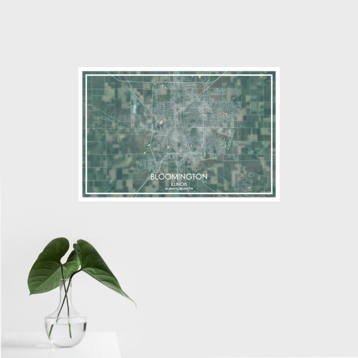 16x24 Bloomington Illinois Map Print Landscape Orientation in Afternoon Style With Tropical Plant Leaves in Water