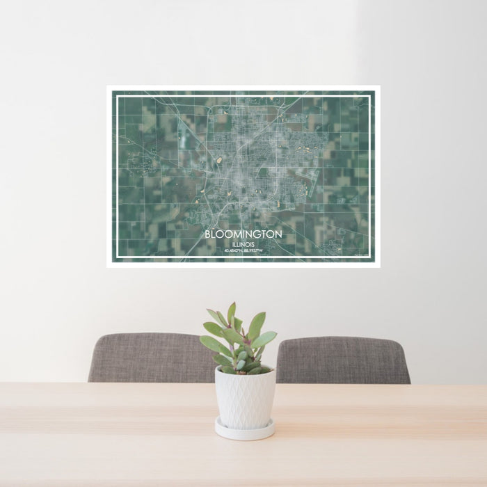 24x36 Bloomington Illinois Map Print Lanscape Orientation in Afternoon Style Behind 2 Chairs Table and Potted Plant
