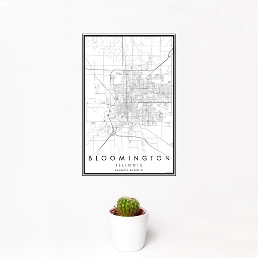 12x18 Bloomington Illinois Map Print Portrait Orientation in Classic Style With Small Cactus Plant in White Planter