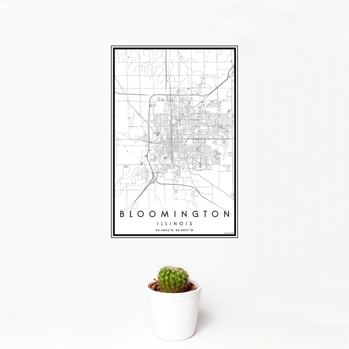 12x18 Bloomington Illinois Map Print Portrait Orientation in Classic Style With Small Cactus Plant in White Planter
