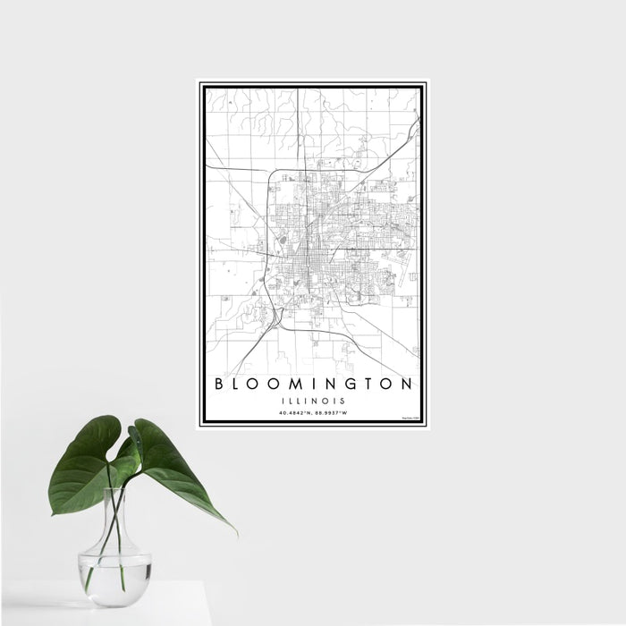 16x24 Bloomington Illinois Map Print Portrait Orientation in Classic Style With Tropical Plant Leaves in Water