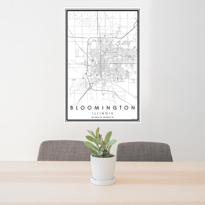24x36 Bloomington Illinois Map Print Portrait Orientation in Classic Style Behind 2 Chairs Table and Potted Plant