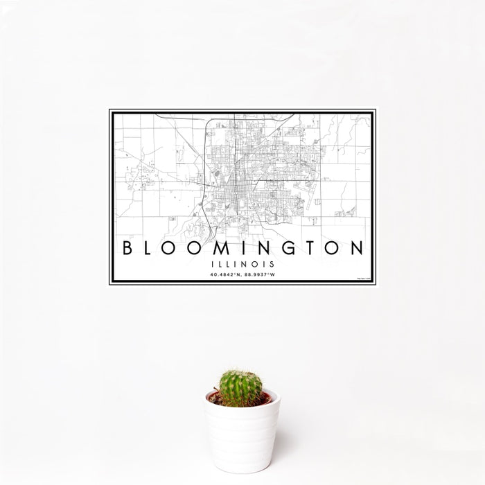 12x18 Bloomington Illinois Map Print Landscape Orientation in Classic Style With Small Cactus Plant in White Planter