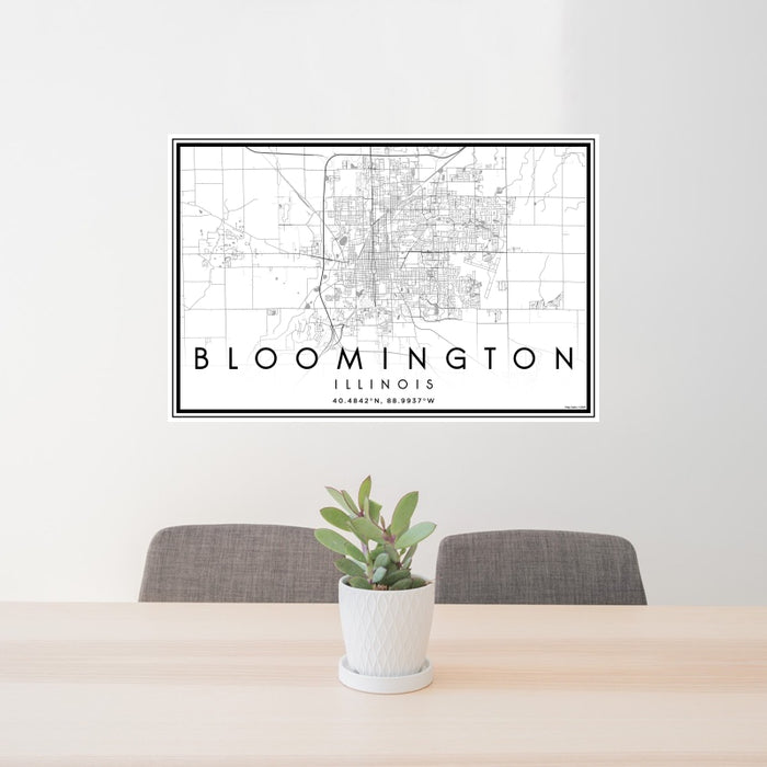 24x36 Bloomington Illinois Map Print Landscape Orientation in Classic Style Behind 2 Chairs Table and Potted Plant