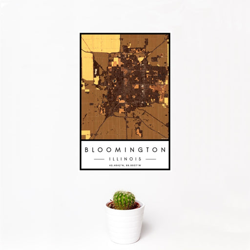 12x18 Bloomington Illinois Map Print Portrait Orientation in Ember Style With Small Cactus Plant in White Planter