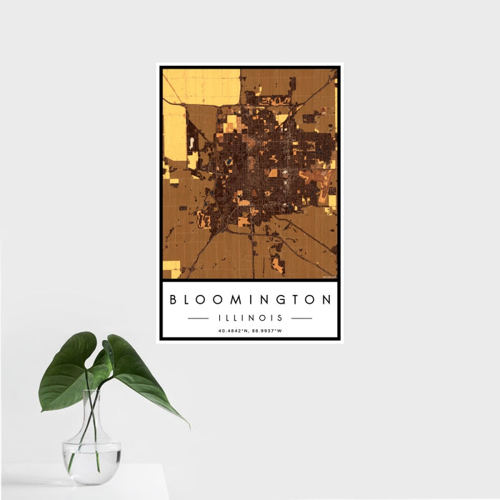 16x24 Bloomington Illinois Map Print Portrait Orientation in Ember Style With Tropical Plant Leaves in Water