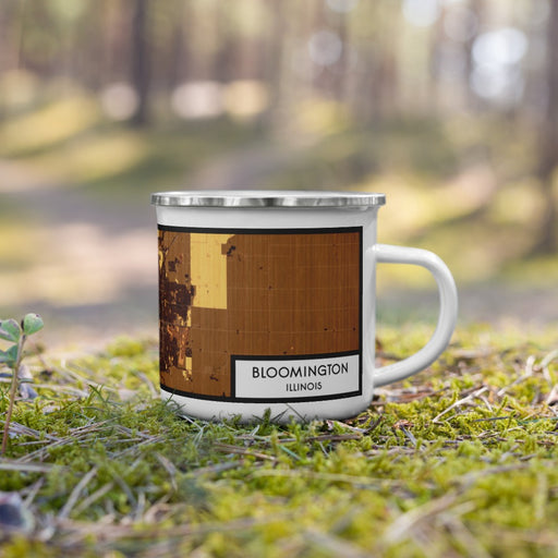 Right View Custom Bloomington Illinois Map Enamel Mug in Ember on Grass With Trees in Background