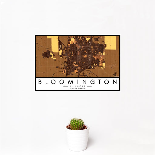 12x18 Bloomington Illinois Map Print Landscape Orientation in Ember Style With Small Cactus Plant in White Planter