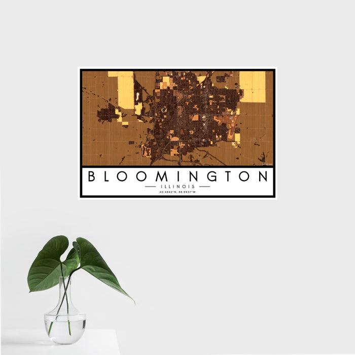 16x24 Bloomington Illinois Map Print Landscape Orientation in Ember Style With Tropical Plant Leaves in Water