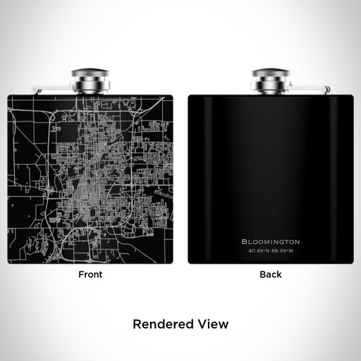 Rendered View of Bloomington Illinois Map Engraving on 6oz Stainless Steel Flask in Black