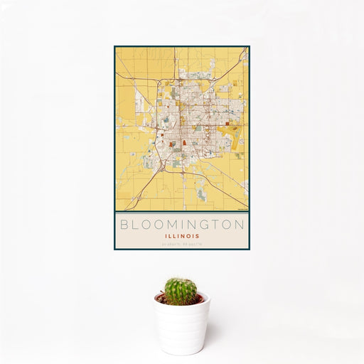 12x18 Bloomington Illinois Map Print Portrait Orientation in Woodblock Style With Small Cactus Plant in White Planter