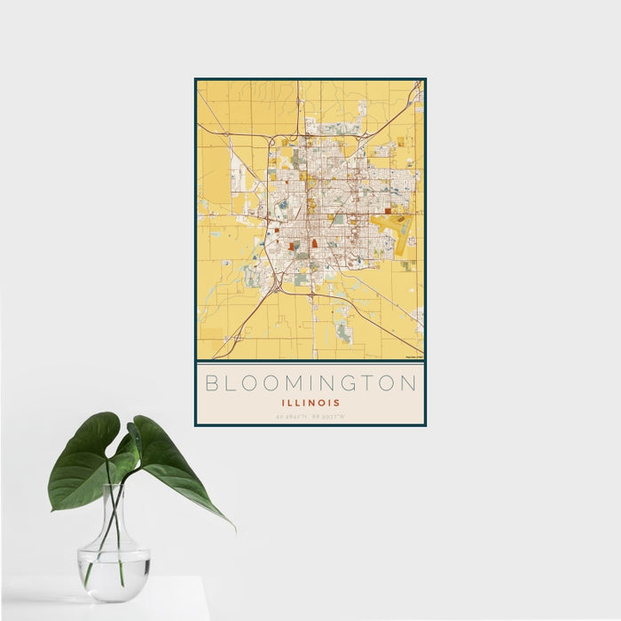 16x24 Bloomington Illinois Map Print Portrait Orientation in Woodblock Style With Tropical Plant Leaves in Water
