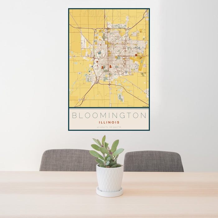 24x36 Bloomington Illinois Map Print Portrait Orientation in Woodblock Style Behind 2 Chairs Table and Potted Plant