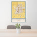 24x36 Bloomington Illinois Map Print Portrait Orientation in Woodblock Style Behind 2 Chairs Table and Potted Plant