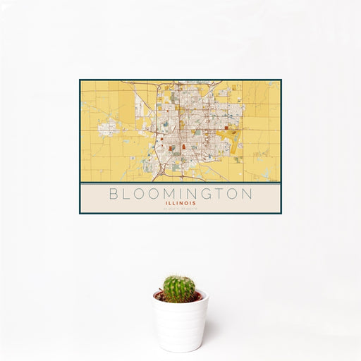 12x18 Bloomington Illinois Map Print Landscape Orientation in Woodblock Style With Small Cactus Plant in White Planter
