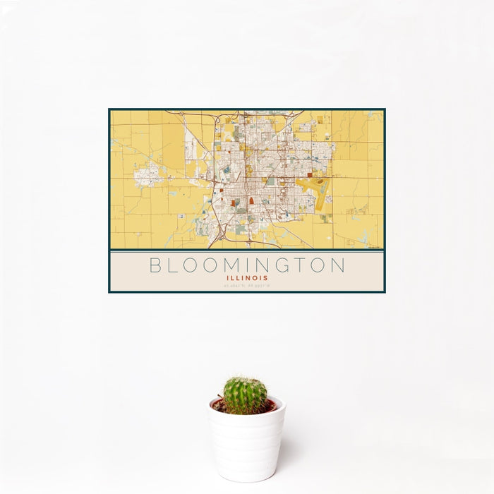 12x18 Bloomington Illinois Map Print Landscape Orientation in Woodblock Style With Small Cactus Plant in White Planter