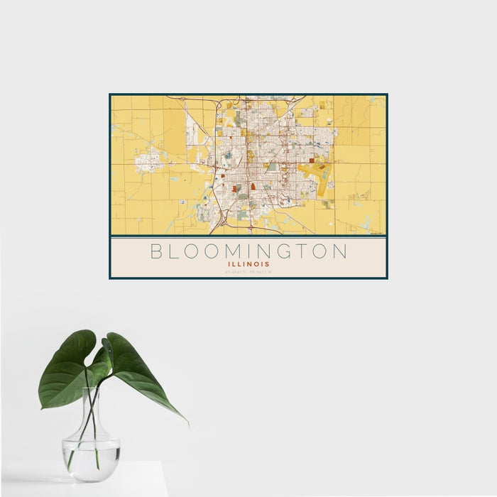 16x24 Bloomington Illinois Map Print Landscape Orientation in Woodblock Style With Tropical Plant Leaves in Water