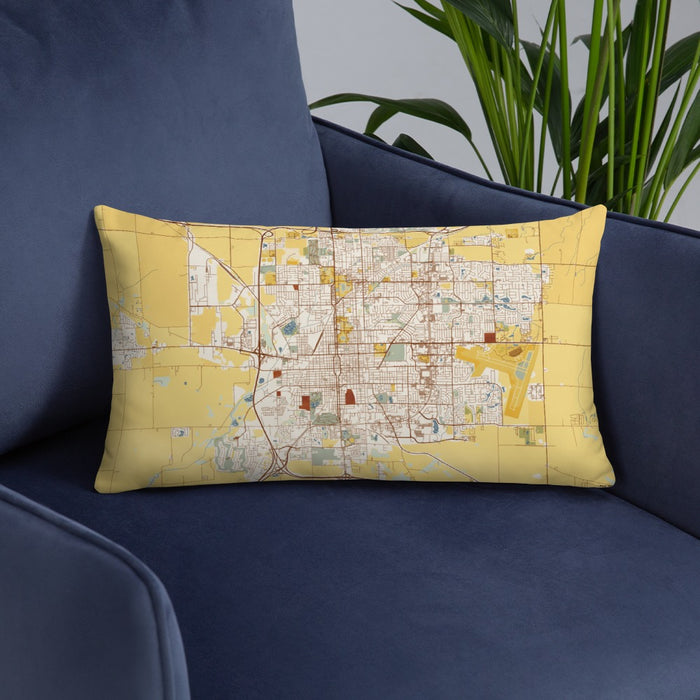 Custom Bloomington Illinois Map Throw Pillow in Woodblock on Blue Colored Chair