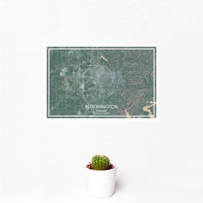12x18 Bloomington Indiana Map Print Landscape Orientation in Afternoon Style With Small Cactus Plant in White Planter