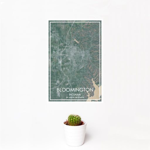 12x18 Bloomington Indiana Map Print Portrait Orientation in Afternoon Style With Small Cactus Plant in White Planter