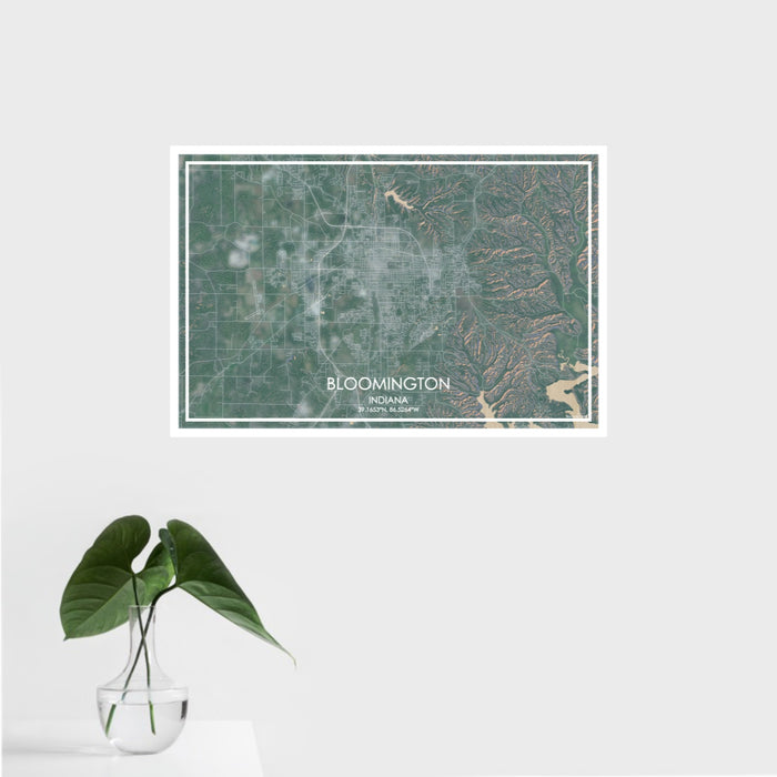16x24 Bloomington Indiana Map Print Landscape Orientation in Afternoon Style With Tropical Plant Leaves in Water