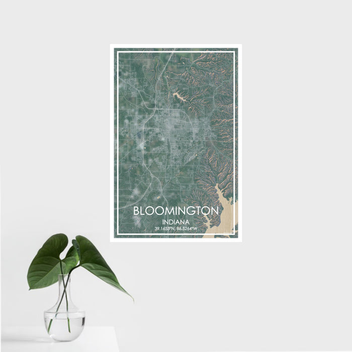 16x24 Bloomington Indiana Map Print Portrait Orientation in Afternoon Style With Tropical Plant Leaves in Water