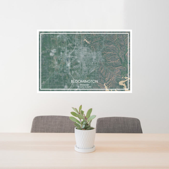 24x36 Bloomington Indiana Map Print Lanscape Orientation in Afternoon Style Behind 2 Chairs Table and Potted Plant