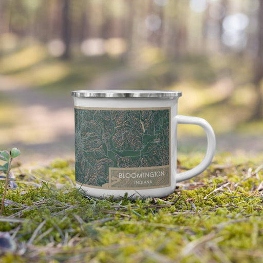 Right View Custom Bloomington Indiana Map Enamel Mug in Afternoon on Grass With Trees in Background