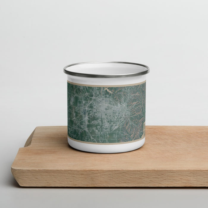 Front View Custom Bloomington Indiana Map Enamel Mug in Afternoon on Cutting Board