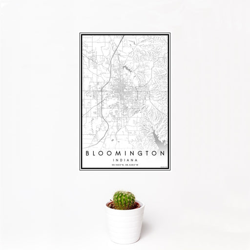 12x18 Bloomington Indiana Map Print Portrait Orientation in Classic Style With Small Cactus Plant in White Planter