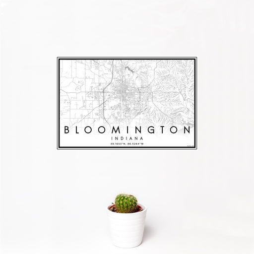 12x18 Bloomington Indiana Map Print Landscape Orientation in Classic Style With Small Cactus Plant in White Planter