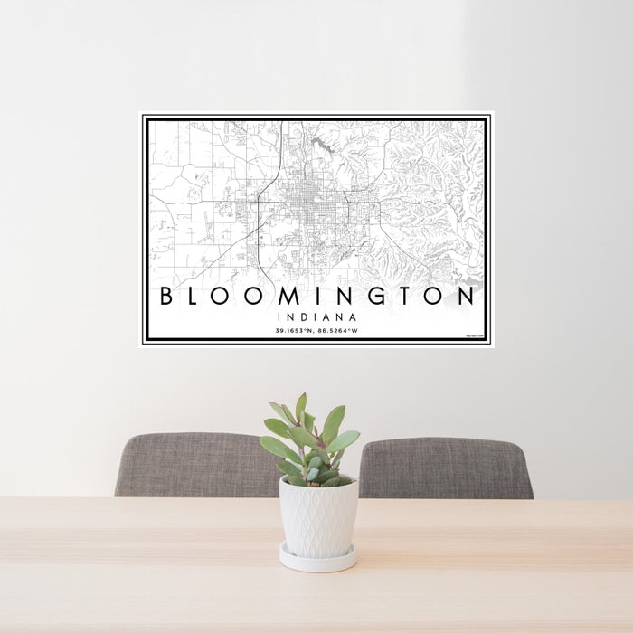24x36 Bloomington Indiana Map Print Landscape Orientation in Classic Style Behind 2 Chairs Table and Potted Plant