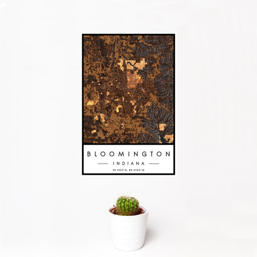 12x18 Bloomington Indiana Map Print Portrait Orientation in Ember Style With Small Cactus Plant in White Planter