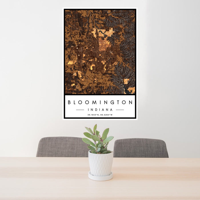 24x36 Bloomington Indiana Map Print Portrait Orientation in Ember Style Behind 2 Chairs Table and Potted Plant