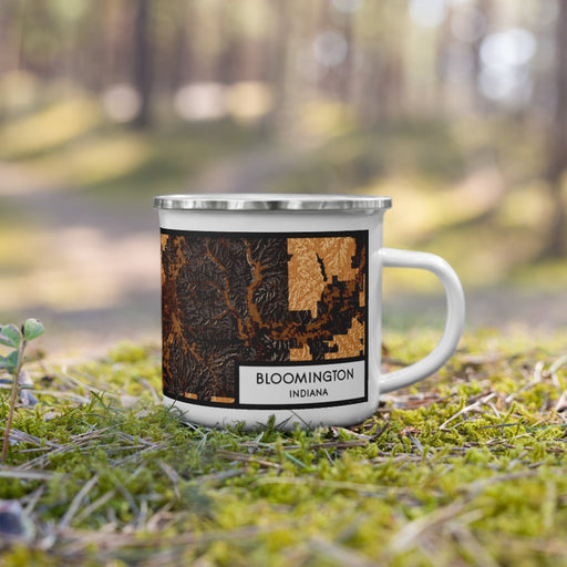 Right View Custom Bloomington Indiana Map Enamel Mug in Ember on Grass With Trees in Background