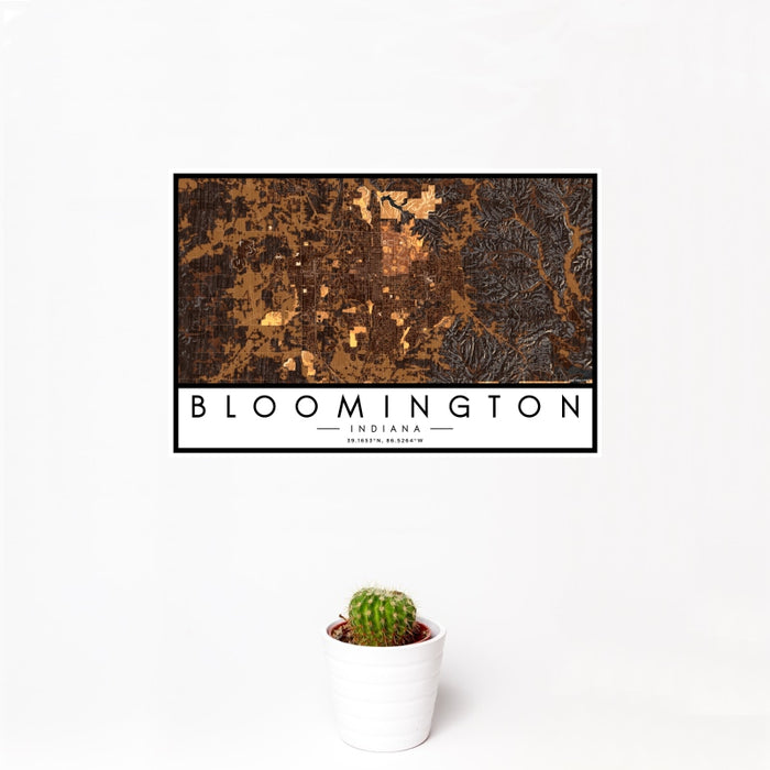 12x18 Bloomington Indiana Map Print Landscape Orientation in Ember Style With Small Cactus Plant in White Planter