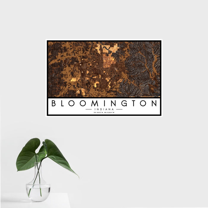 16x24 Bloomington Indiana Map Print Landscape Orientation in Ember Style With Tropical Plant Leaves in Water
