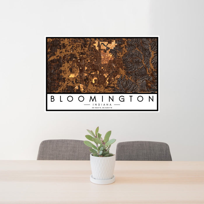 24x36 Bloomington Indiana Map Print Landscape Orientation in Ember Style Behind 2 Chairs Table and Potted Plant