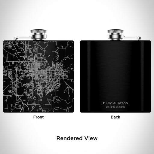 Rendered View of Bloomington Indiana Map Engraving on 6oz Stainless Steel Flask in Black