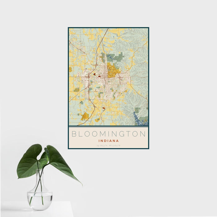 16x24 Bloomington Indiana Map Print Portrait Orientation in Woodblock Style With Tropical Plant Leaves in Water