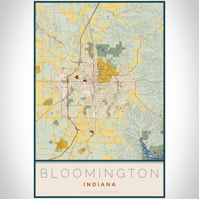 Bloomington Indiana Map Print Portrait Orientation in Woodblock Style With Shaded Background