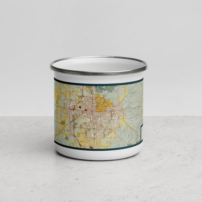 Front View Custom Bloomington Indiana Map Enamel Mug in Woodblock