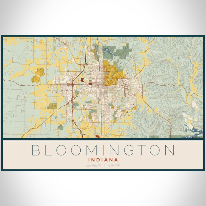 Bloomington Indiana Map Print Landscape Orientation in Woodblock Style With Shaded Background