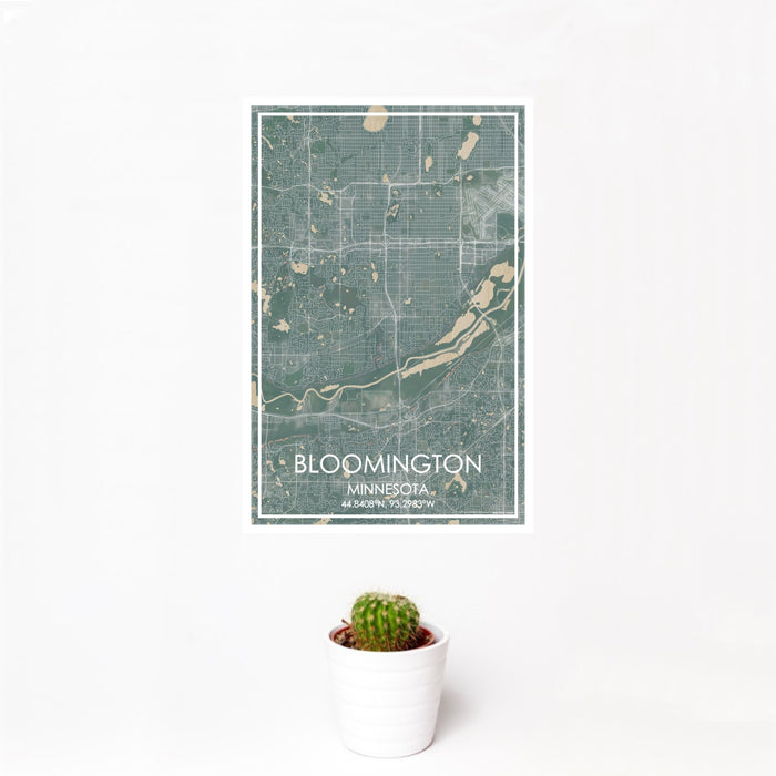 12x18 Bloomington Minnesota Map Print Portrait Orientation in Afternoon Style With Small Cactus Plant in White Planter