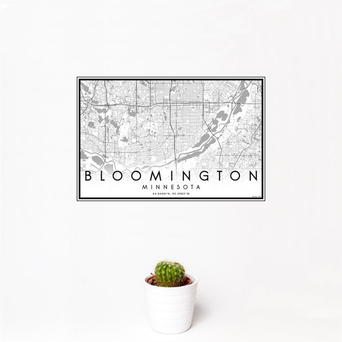 12x18 Bloomington Minnesota Map Print Landscape Orientation in Classic Style With Small Cactus Plant in White Planter